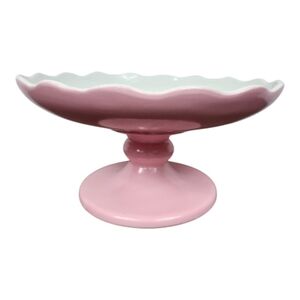 HULL POTTERY Vintage Pink and White Scallop Edge Pedestal Cake Stand